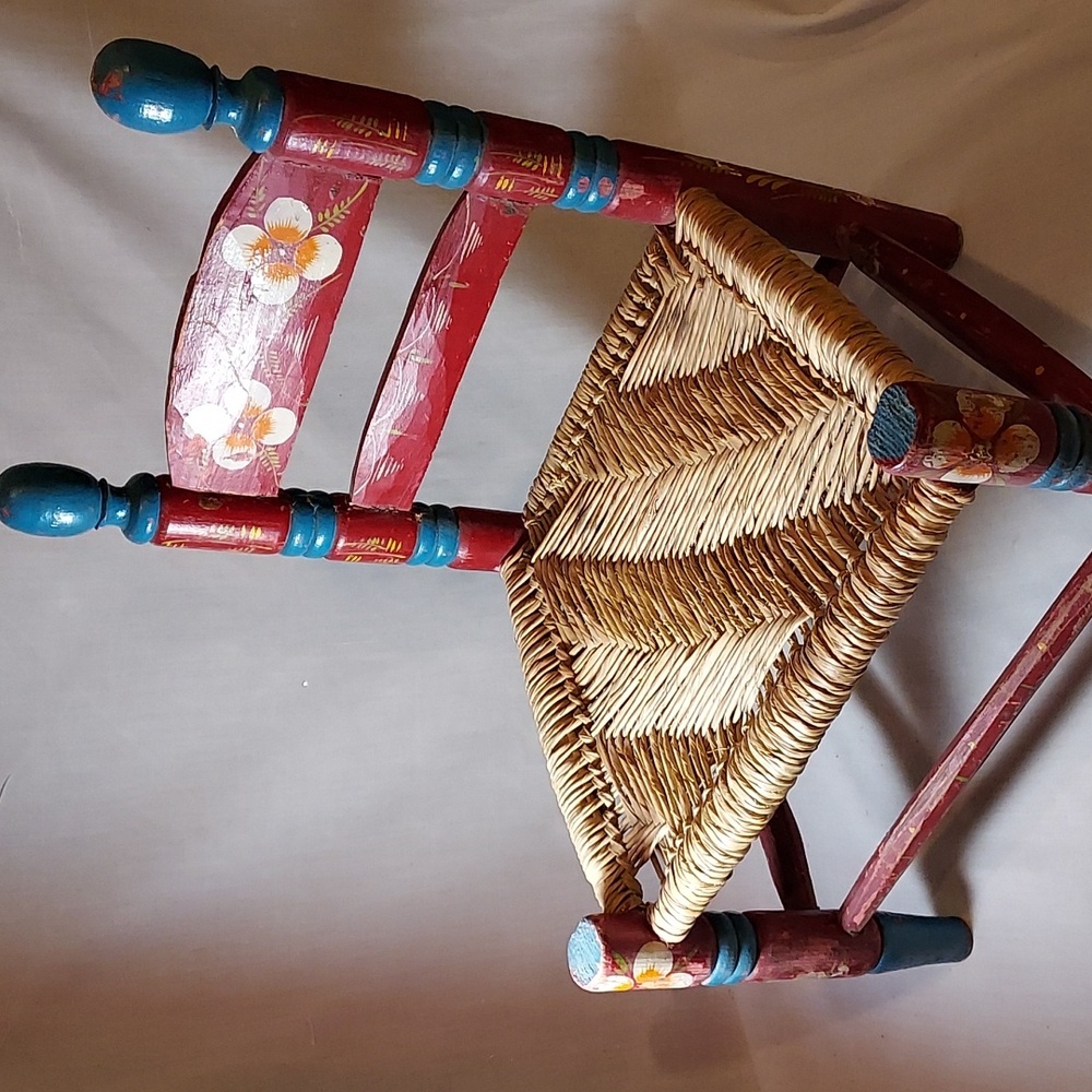 Vintage 1951 Mexican Folk Art Child Chair Hand Painted Wood Ladder Back Chair